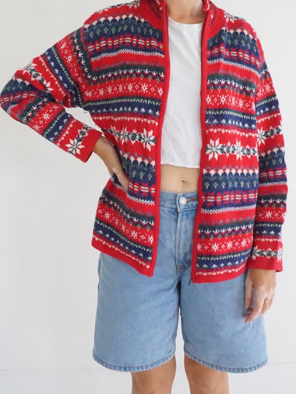 Vintage Heirloom Collectibles Red Fair Isle Snowflake Festive Holiday Cardigan L